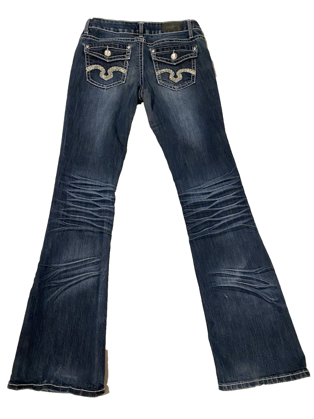 Zco Womens Jeans Size 7 Embellished Back Pockets Bootcut Jeweled Button Low Rise
